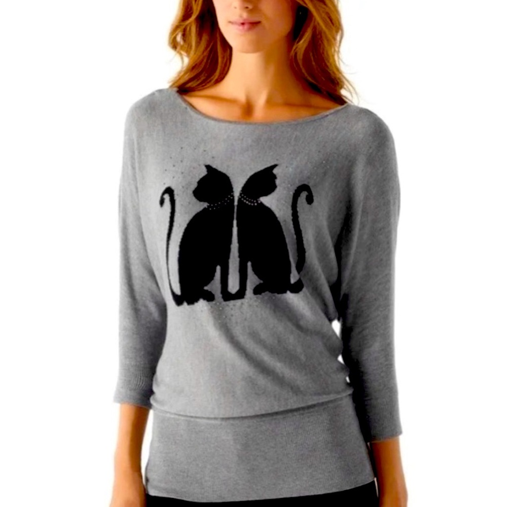 White House Black Market Grey Knit Sweater w/Cats Rhinestone size Medium EUC